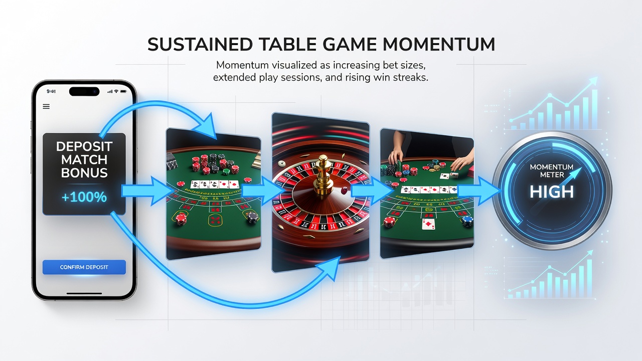 Darstellung des Übergangs von Bonusguthaben zu anhaltenden Tischspielsitzungen in mobilen Apps