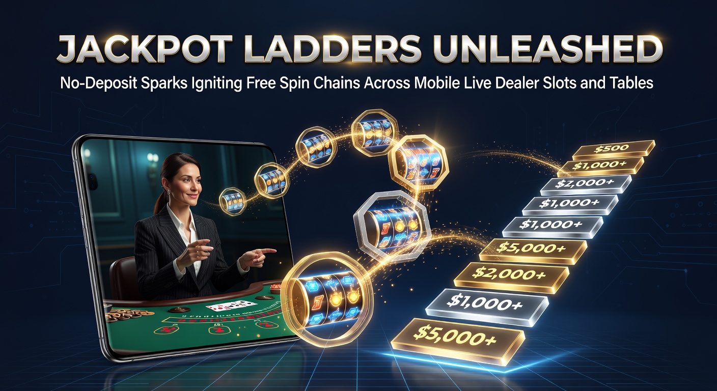 Dynamische Darstellung einer aufsteigenden Jackpot-Leiter mit funkensprühenden No-Deposit-Boni, die Freispiel-Ketten in einem mobilen Live-Dealer-Slot auslösen