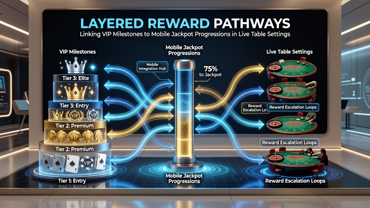 Illustration von gestaffelten Belohnungssystemen in mobilen Casino-Apps mit VIP-Stufen und Jackpot-Anzeigen