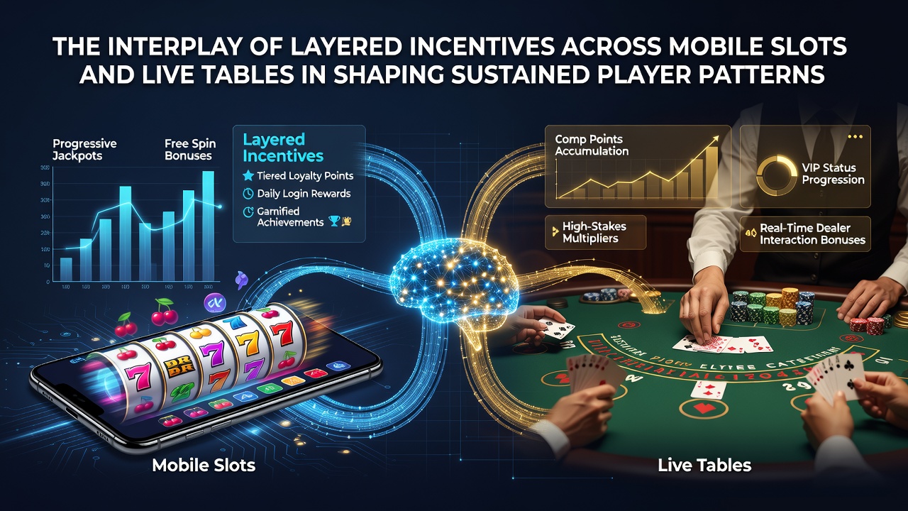 Illustration gestaffelter Belohnungssysteme in mobilen Casino-Apps mit Slots und Live-Tischen